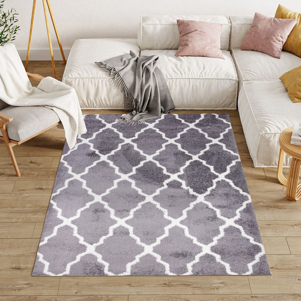 Teppich Wohnzimmer Schlafzimmer Modern Design Shaggy Hochflor Langflor Grau Lila 120 x 170 cm
