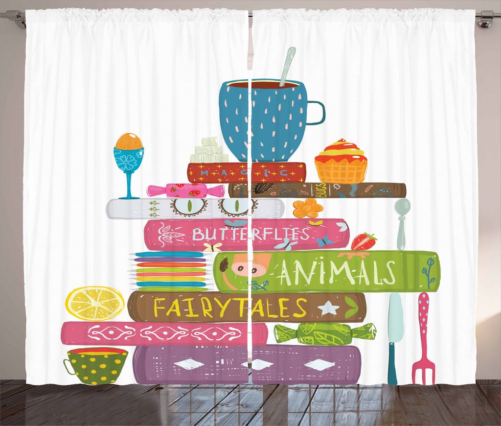 ABAKUHAUS Tee Rustikaler Gardine, Cup auf einem Stapel von Fantasy Books, Schlafzimmer Kräuselband Vorhang mit Schlaufen und Haken, 280 x 225 cm, ...