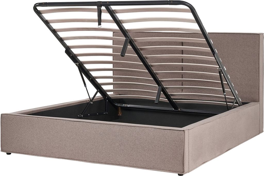 BELIANI Polsterbett Taupe Stoffbezug mit Hohem Kopfteil Lattenrost 160 x 200 cm Bettkasten Hochklappbar Modern Skandi Schalfzimmer Ausstattung Möbel