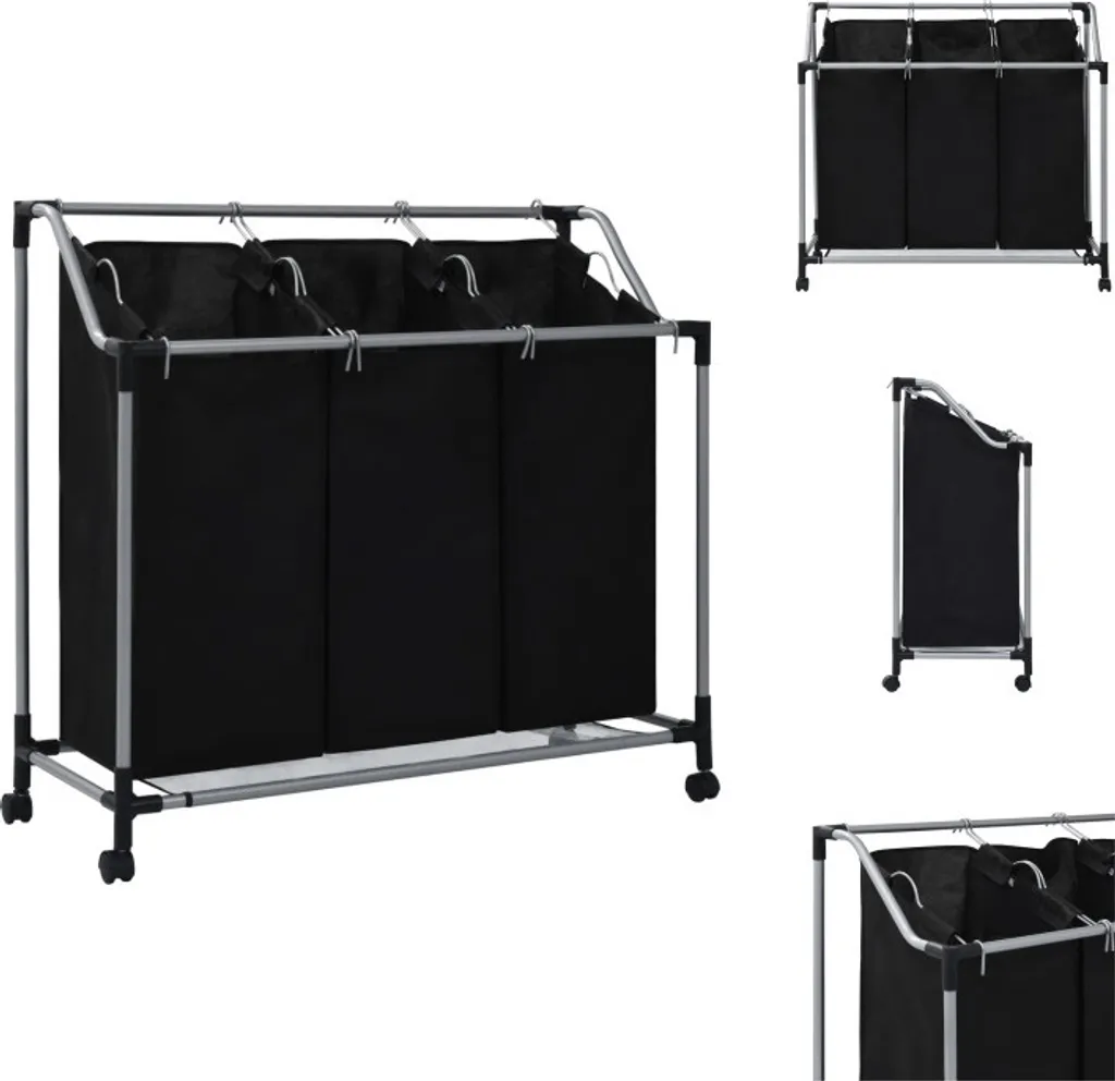 vidaXL Cesto per la biancheria con 3 tasche in acciaio nero - Cesti per la biancheria