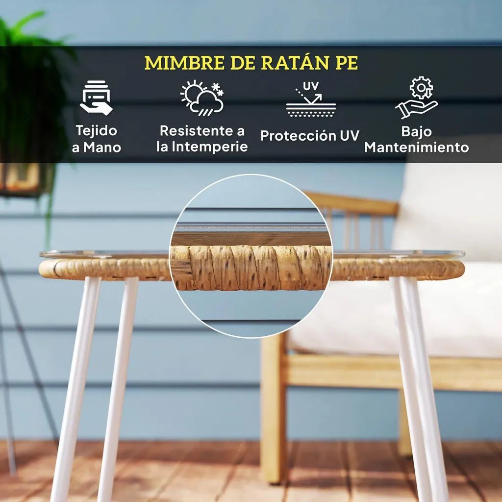 Grande Table d'Extérieur Rectangulaire en Poly Rotin et Verre de Sécurité