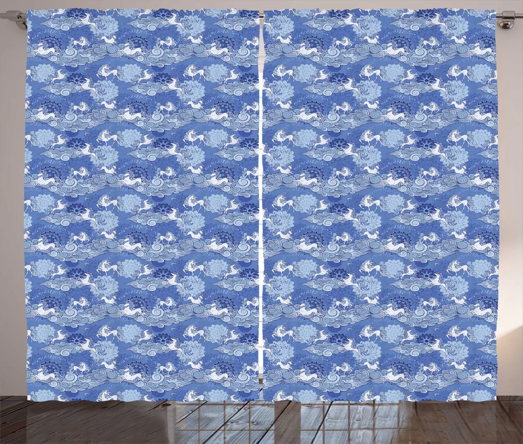 Rideau bleu ciel motif licorne 280x225 cm en tissu rustique durable