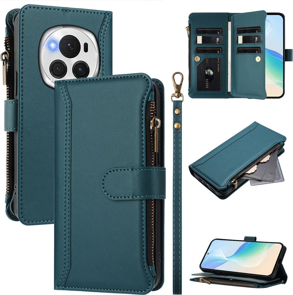 Handyhülle für Honor Magic6 Pro Reißverschluss Geldbörse Kunstleder Klapphülle mit Kartensteckplatz, Ständer, Handschlaufe Grün