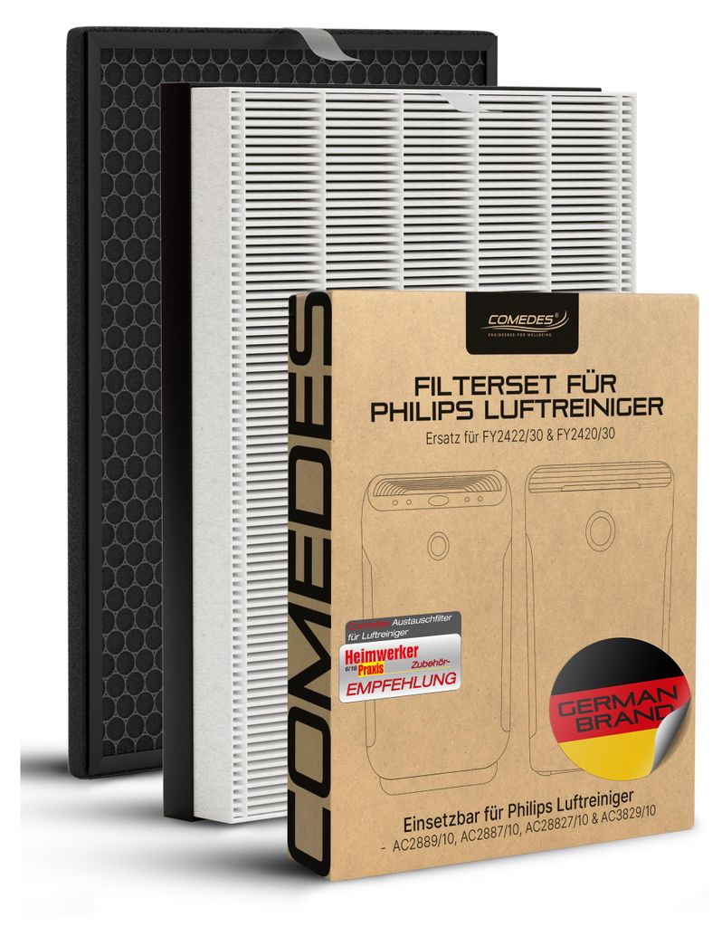 A set of air purifier filters and their packaging, displayed against a white background.