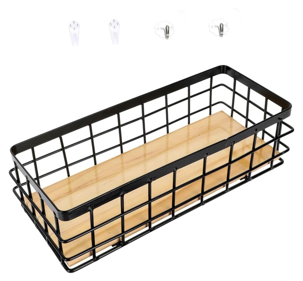 Eisenkorb mit Holzbrett Wandkorb zur Aufbewahrung für Bad, Küche und Schreibtisch in Schwarz