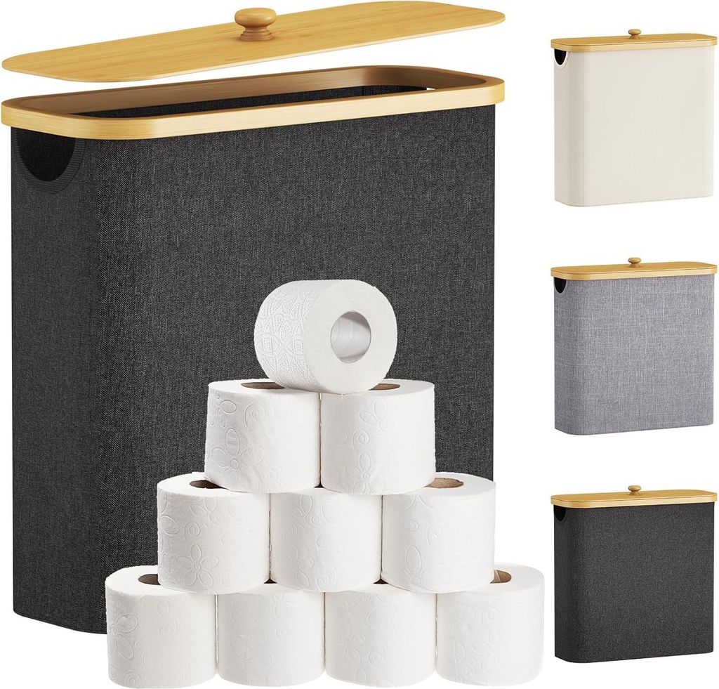 Toiletpapier Aufbewahrungskorb aus Bambus - 12 Rollen 30 l Toilettenpapierhalter mit Deckel dunkelgrau