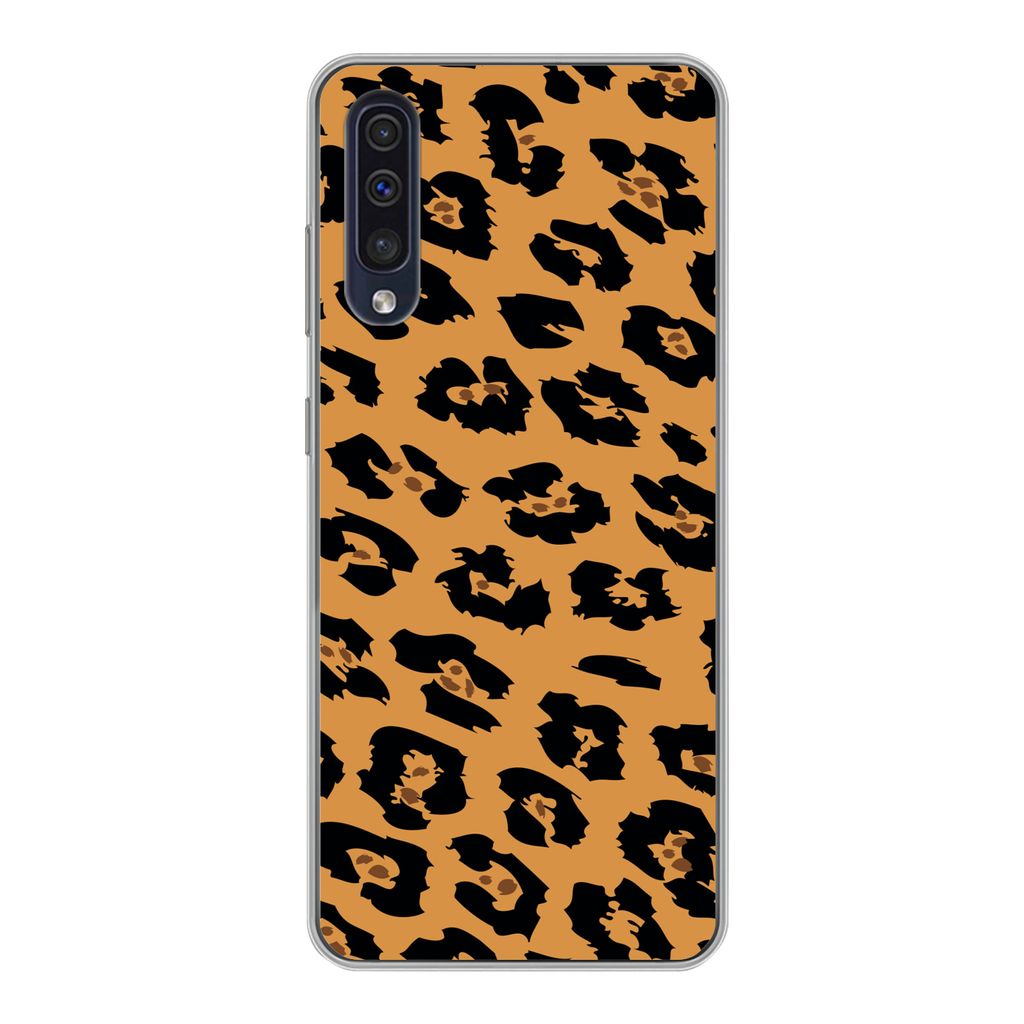 MuchoWow Handyhülle Schutzhülle Hülle für Samsung Galaxy A30s Pantherdruck - Orange - Schwarz Silikon Softcase Handy Hülle - Karteninhaber