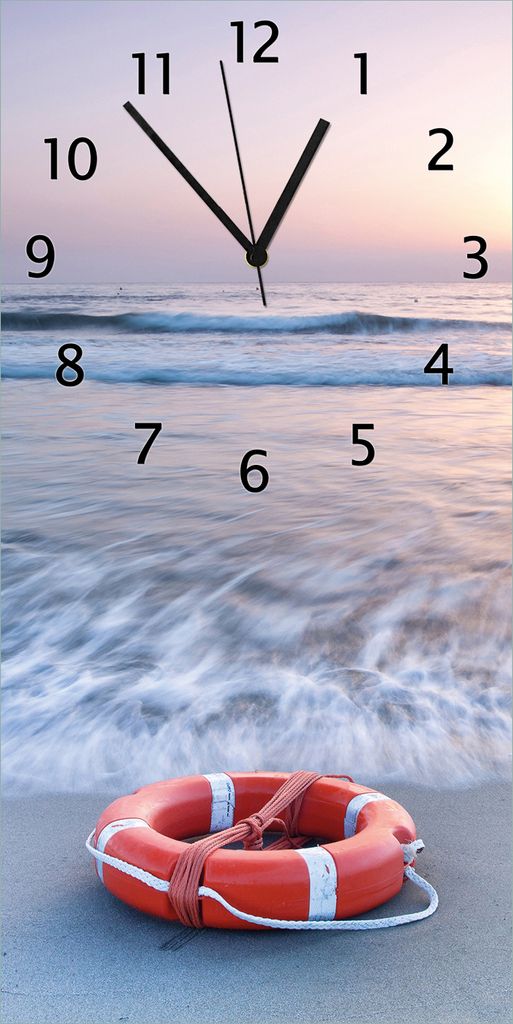 Wallario Design Wanduhr Rettungsring am Strand bei Sonnenuntergang aus Echtglas, Größe 30 x 60 cm