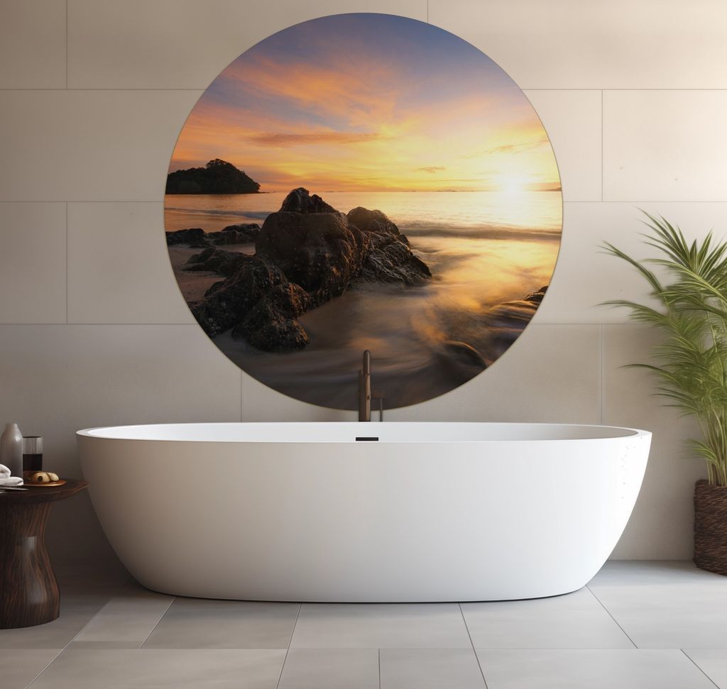 Wallario wasserfestes Poster selbstklebend 120 x 120 cm, Sonne über dem Meer mit Felsenlandschaft, Badezimmerposter Spritzschutz mit Hochglanzober...