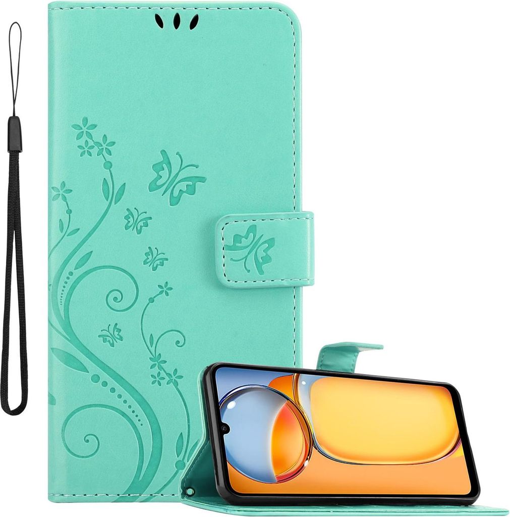 Cadorabo Hülle für Xiaomi Redmi 13C Hülle in FLORAL TÜRKIS Schutzhülle im Blumen Design mit Magnetverschluss, Standfunktion und Kartenfächern...