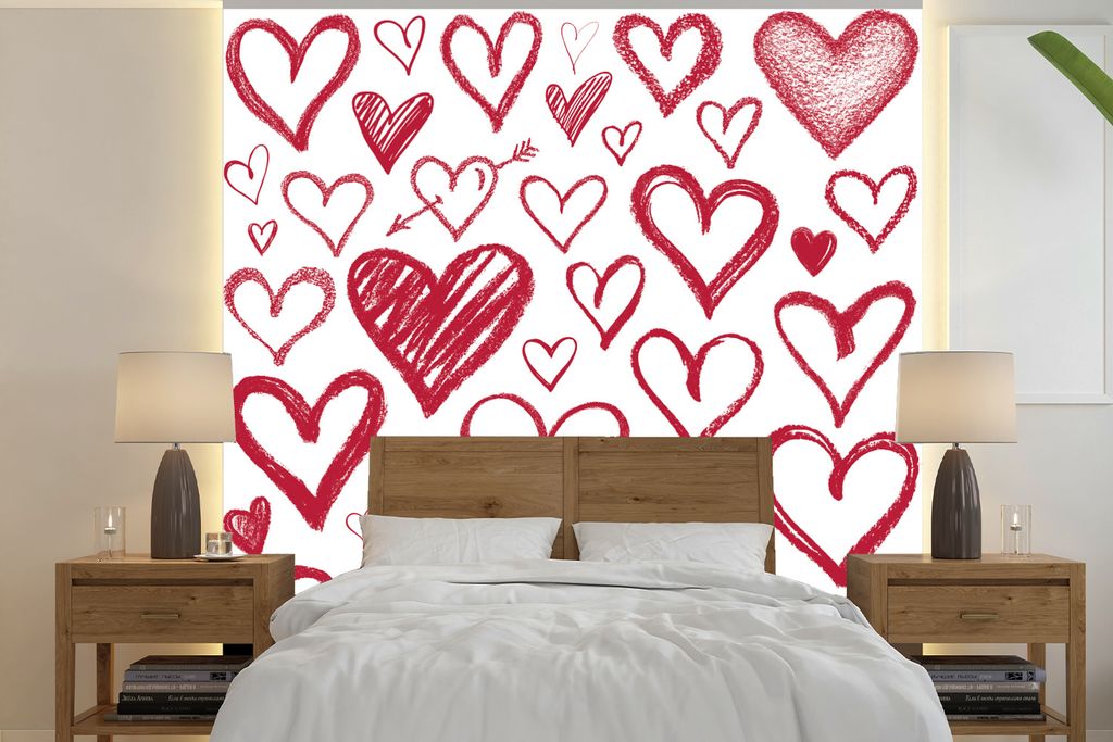 MuchoWow Fototapete für Wohnzimmer oder Schlafzimmer Wandtapete Vinyl Motivtapete Eine Illustration mit mehreren Herzen auf weißem Hintergrund ...