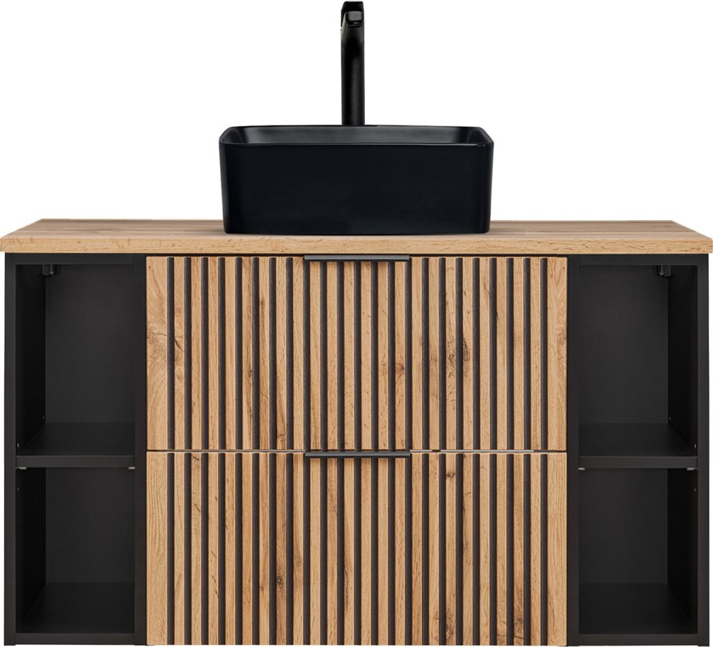 Waschtisch Kombination 100 cm Unterschrank mit Regalen, Aufsatzwaschbecken schwarz matt XANTEN-56 in anthrazit mit Eiche Nb. schwarz gerillt, B/H/T...