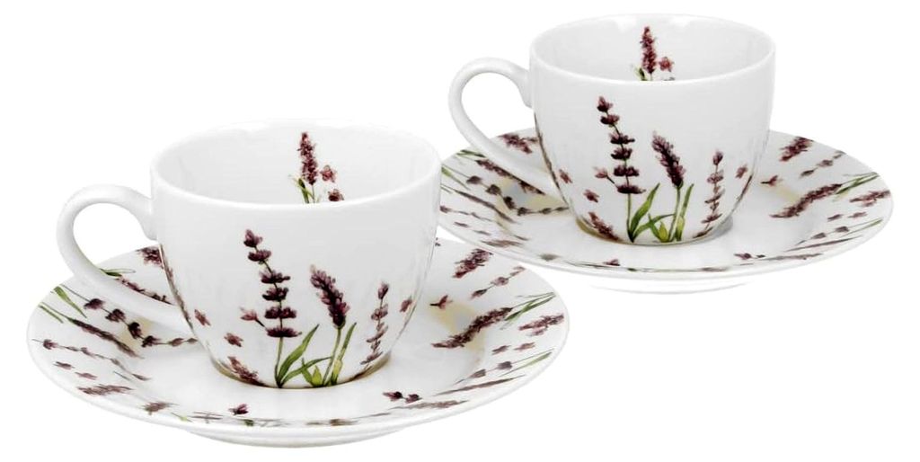 Espressotassen-Set 2 Stück 90 ml CLASSIC LAVENDER mit Untertassen, New Bone China Porzellan