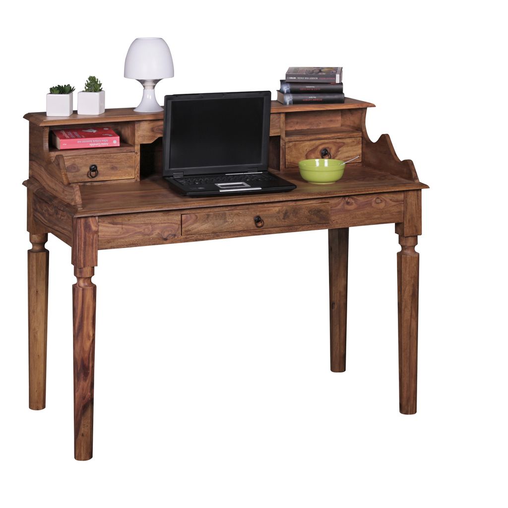 WOHNLING Schreibtisch Massivholz Sheesham Sekretär 115 x 100 x 60 cm mit 3 Schubladen Konsolentisch im Landhaus-Stil