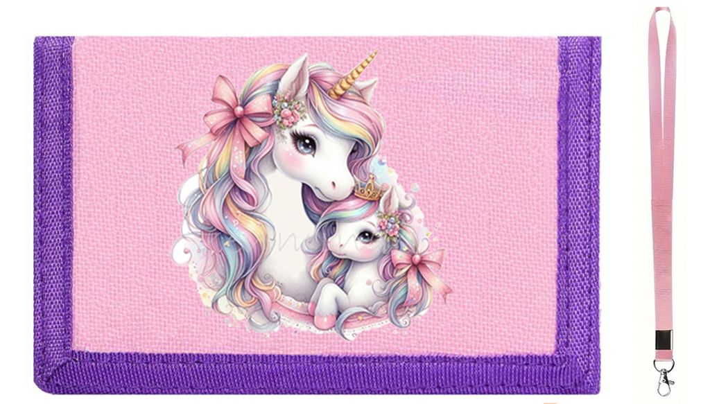 Kinder Geldbörse Geldbeutel Portemonnaie Brustbeutel Einhorn Textil Schlüsselband