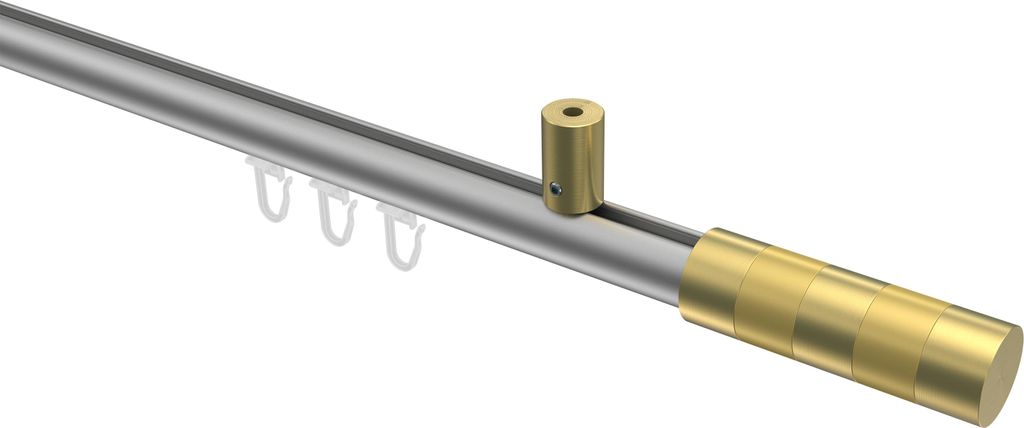 Interdeco Innenlaufstange / Gardinenstange mit Innenlauf Silbergrau / Messing-Optik, Typ Sonius Mavell (Zylinder Bicolor) Deckenmontage, 20 mm Ø 1...