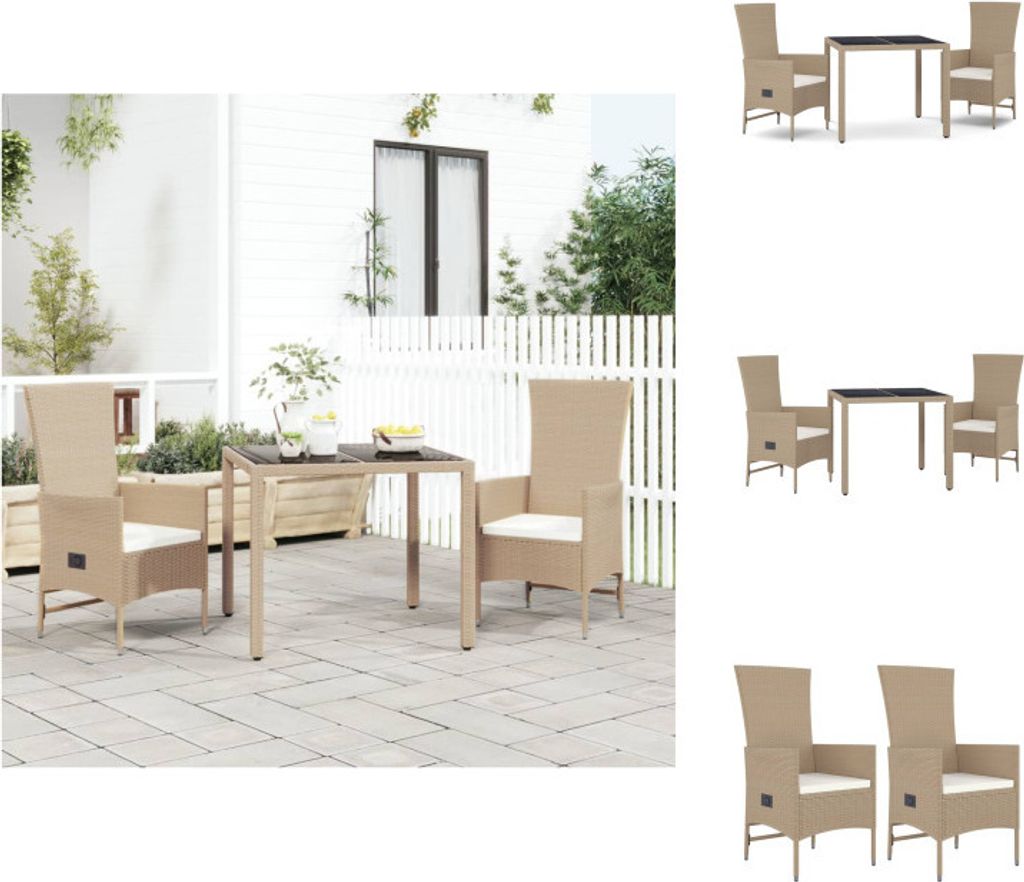 vidaXL 3-tlg. Garten-Essgruppe mit Kissen Beige Poly Rattan - Gartenstühle