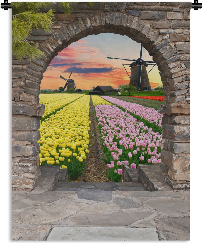 MuchoWow Wandteppich Wandbehang Tulpen - Blumen - Mühle - Ansicht 60x80 cm Tapisserie Dekoration Wandtuch - Decke - Wandtücher - Wohne