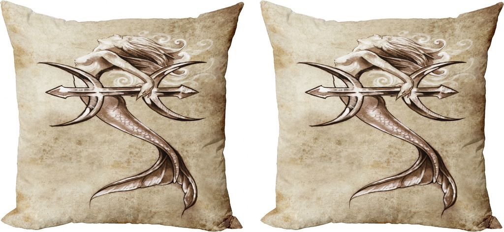 ABAKUHAUS Meerjungfrau Kissenbezug Set (2Stück), Vintage Mythische Kunst, doppelseitiges Digitaldruckdekor mit Reißverschluss, 50 cm, beige Braun