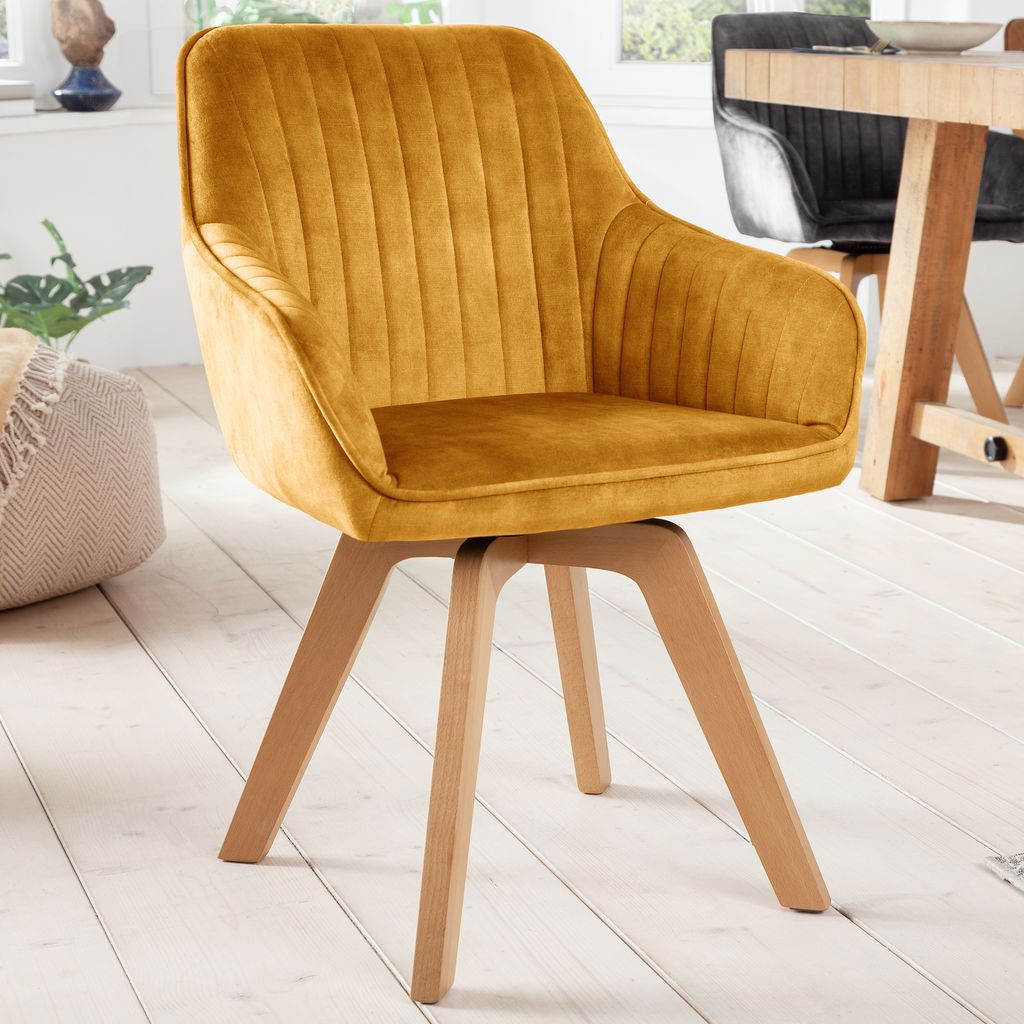 Drehbarer Design Stuhl LIVORNO senfgelb Samt Buchenholz Produktbild 