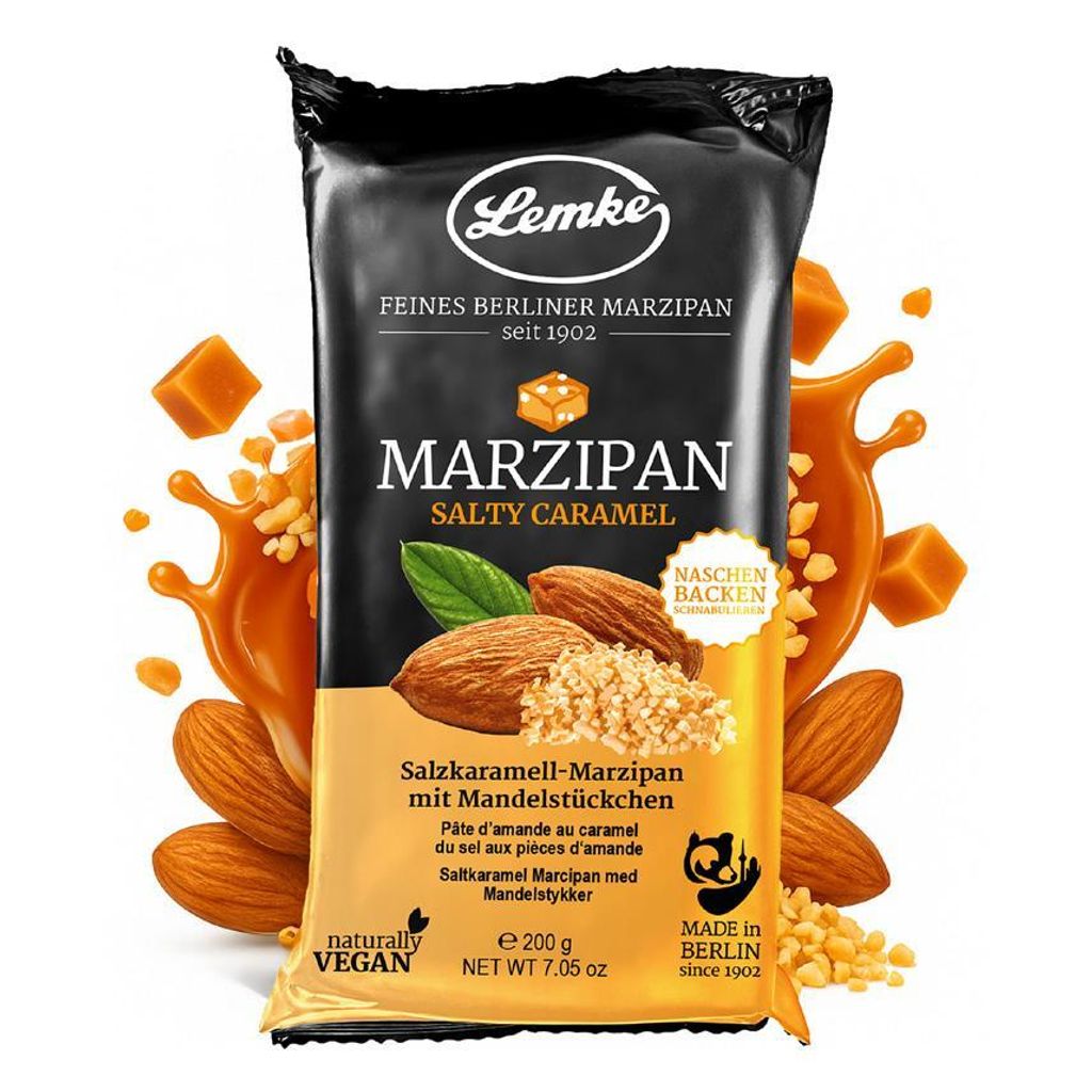 Lemke Salty Caramel Marzipan, 200g/Salzkaramell-Marzipan mit Mandelstückchen- Vegan- Backmarzipan