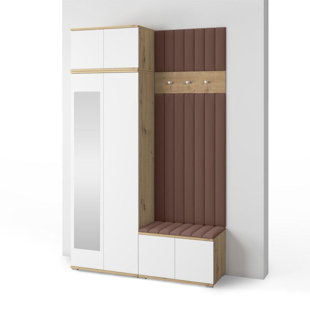 Garderoben-Set Aura Version 8: Kleiderschrank mit Polsterpaneelen, Schuhschrank Flur und Eingangsbereich (weiß/Artisan-Eiche /Trinity 07)