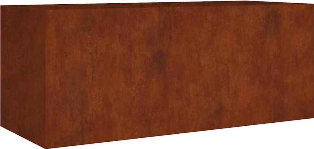 A rectangular planter box with a rusty metal texture.