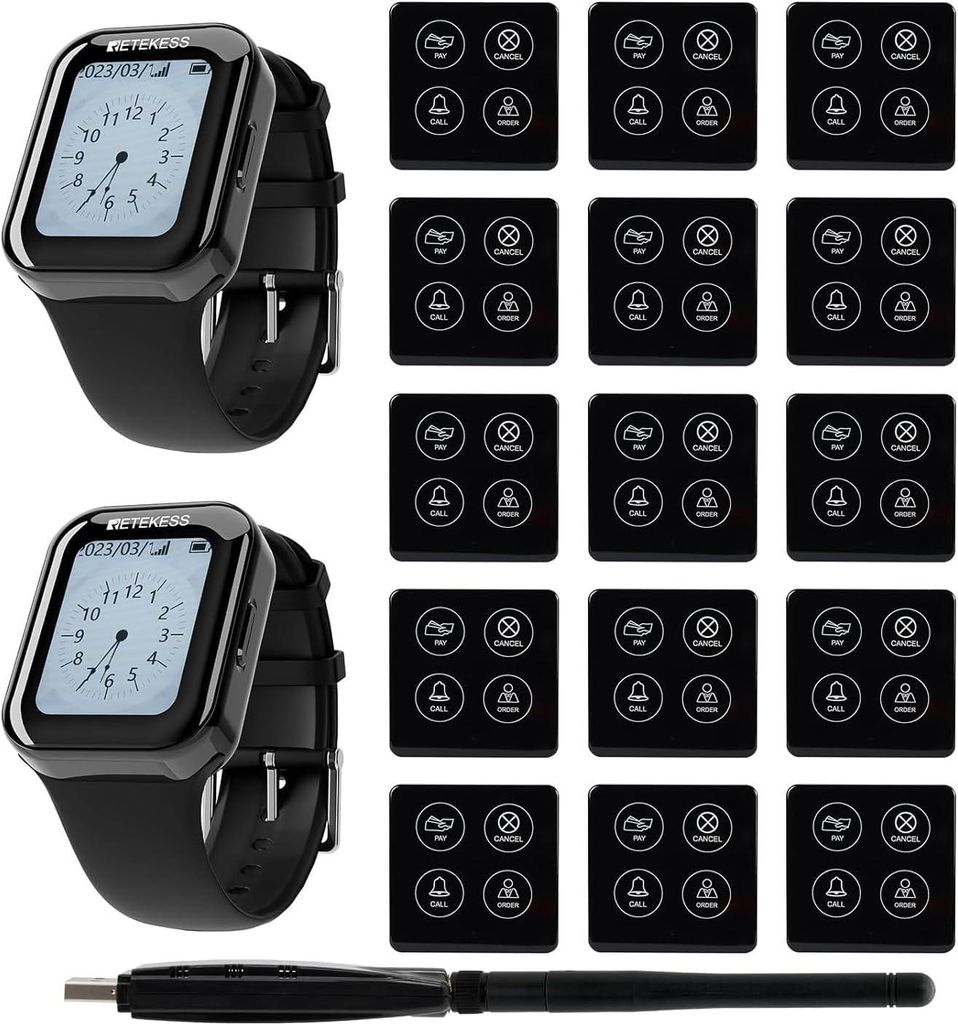 A product shot of a Retekess personal pager system, including a smartwatch pager and multiple call buttons, against a white background.
