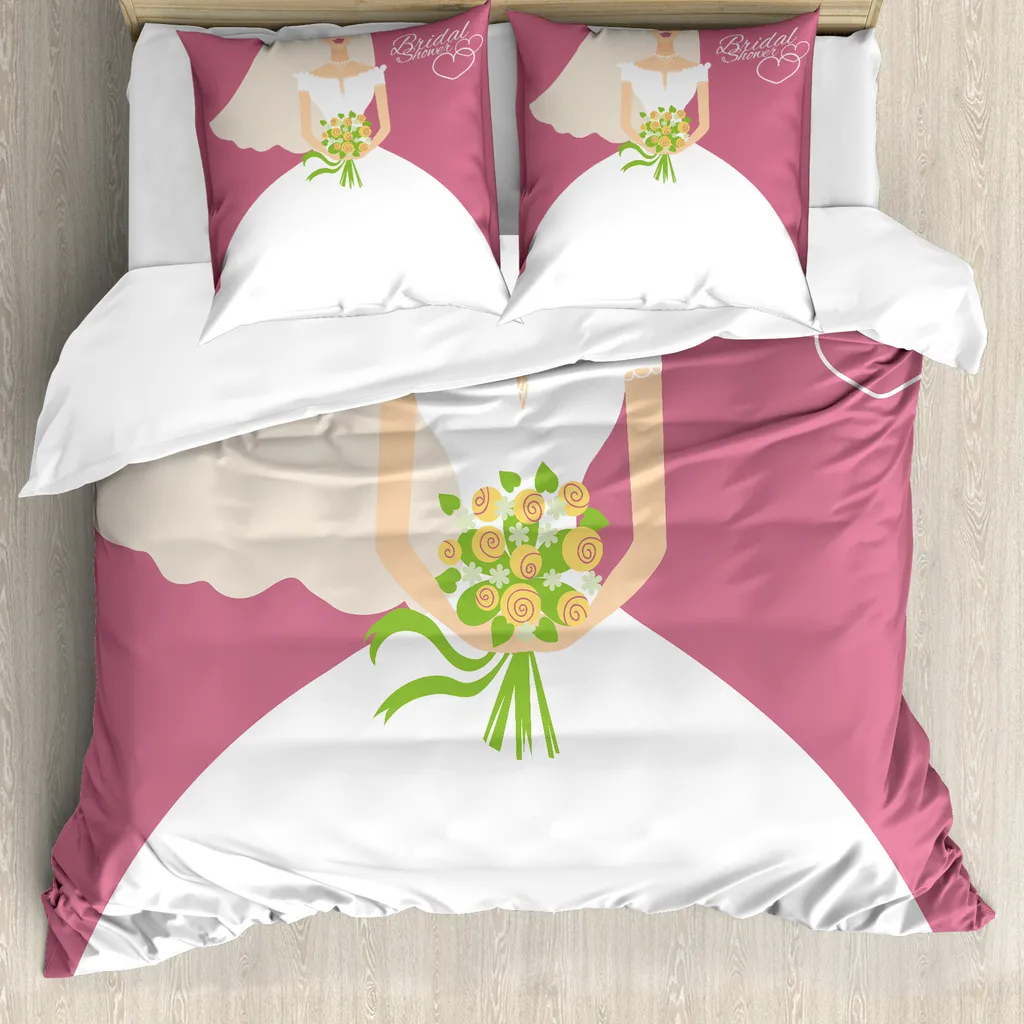 ABAKUHAUS Bridal Shower Copripiumino, sposa in abito bianco, antiacaro, adatto a chi soffre di allergie, con federe, 155 cm x 220 cm - 80 x 80 cm, corallo scuro e bianco
