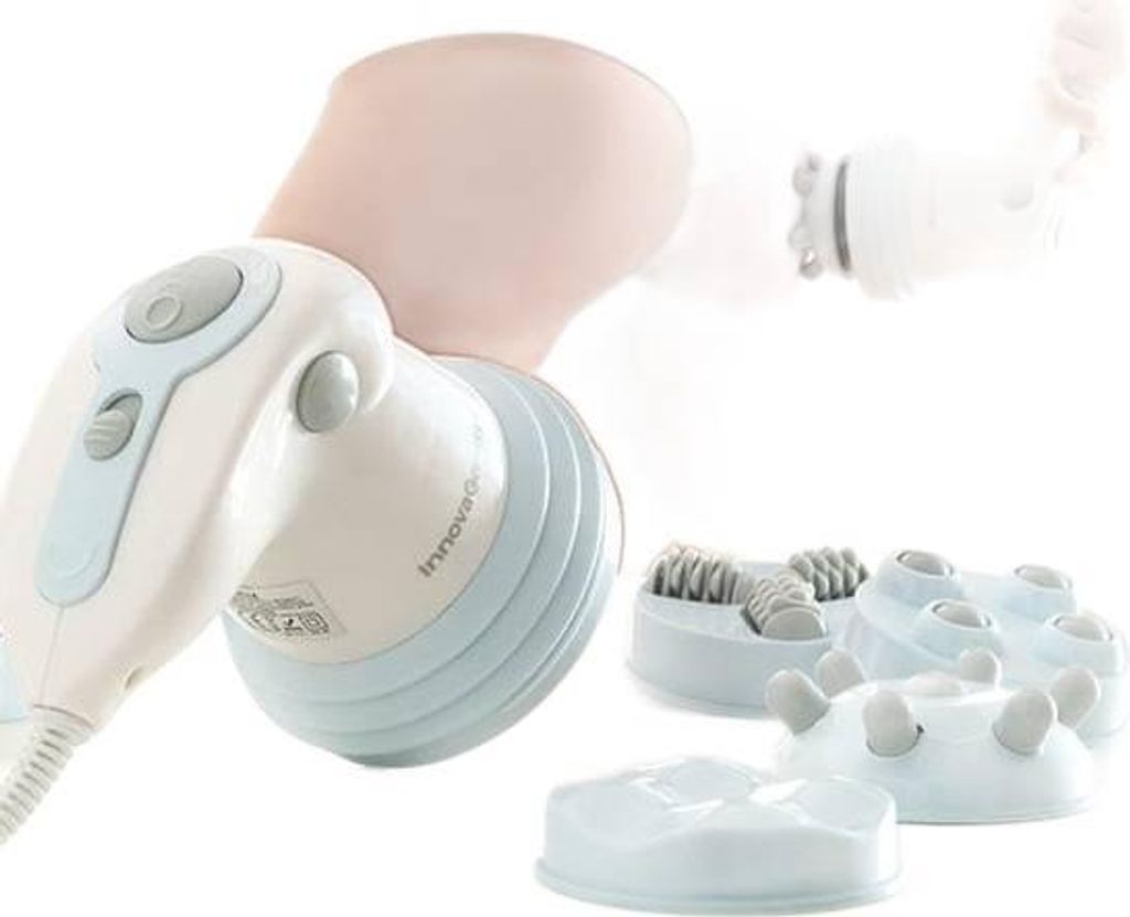 A close-up shot of an anti-cellulite massager with several attachments.