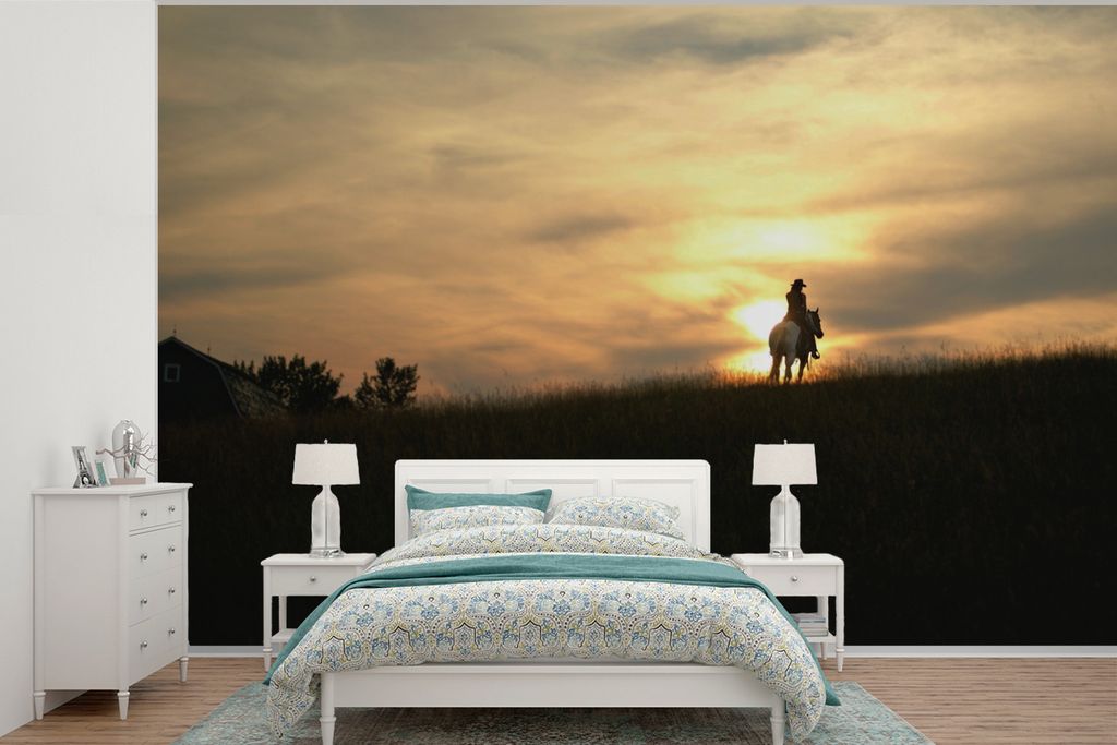 MuchoWow Fototapete für Wohnzimmer oder Schlafzimmer Wandtapete Vinyl Motivtapete Pferde - Sonnenuntergang - Natur - 420x280 cm - Zimmer für Ki...