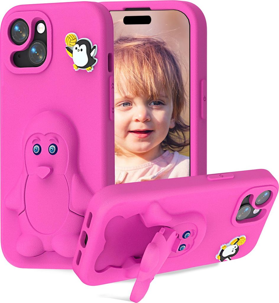 Kinder Handyhülle aus EVA für iPhone 14, Weiche Stoßfeste Schutzhülle mit Pinguin Ständer Rosa