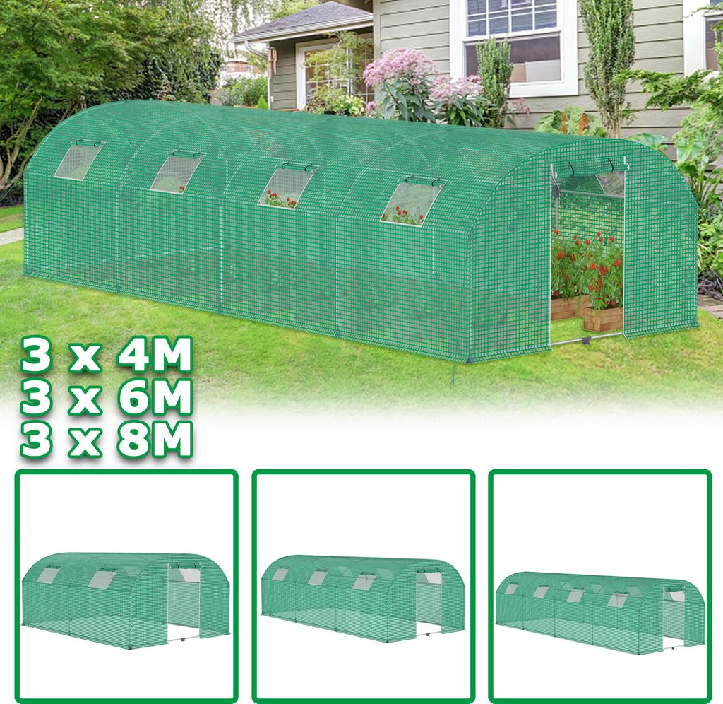 LARS360 Kuppeldach Gewächshaus 3x8m für Tomaten und Gemüse, Frühbeet Foliengewächshaus, 24m2, Verzinkter Stahlrohr, Grün, HDPE+LDPE Bezug