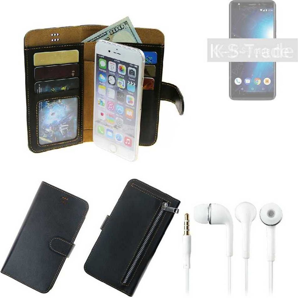 TOP SET Handy Hülle Schutz Hülle kompatibel mit Motorola Moto G7 schwarz aus Kunstleder + Kopfhörer Smartphone Tasche vollwertige Geldbörse