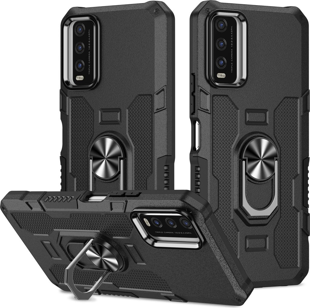 VIVO Y20 Hülle, Dual Layer Robuste Rüstung Ringhalter Ständer Schutzhülle für VIVO Y20/Y20i/Y12A/Y20S/Y12S Schwarz