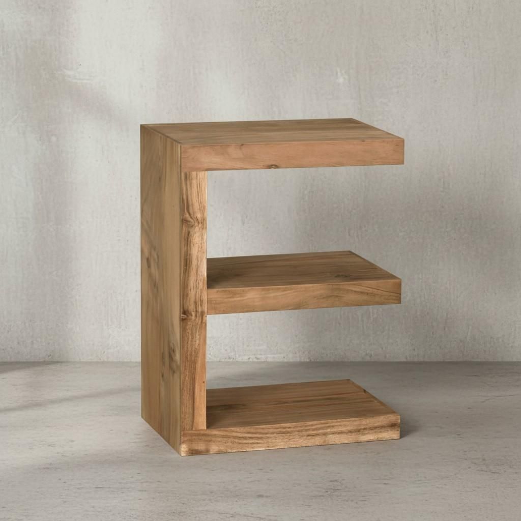 Beistelltisch "E" Cube "Nako": Akazienholz, E-Konstruktion, 45x30 cm, 60 cm Höhe, handgefertigt. Beige, 45x30x60 cm | Kadima Design