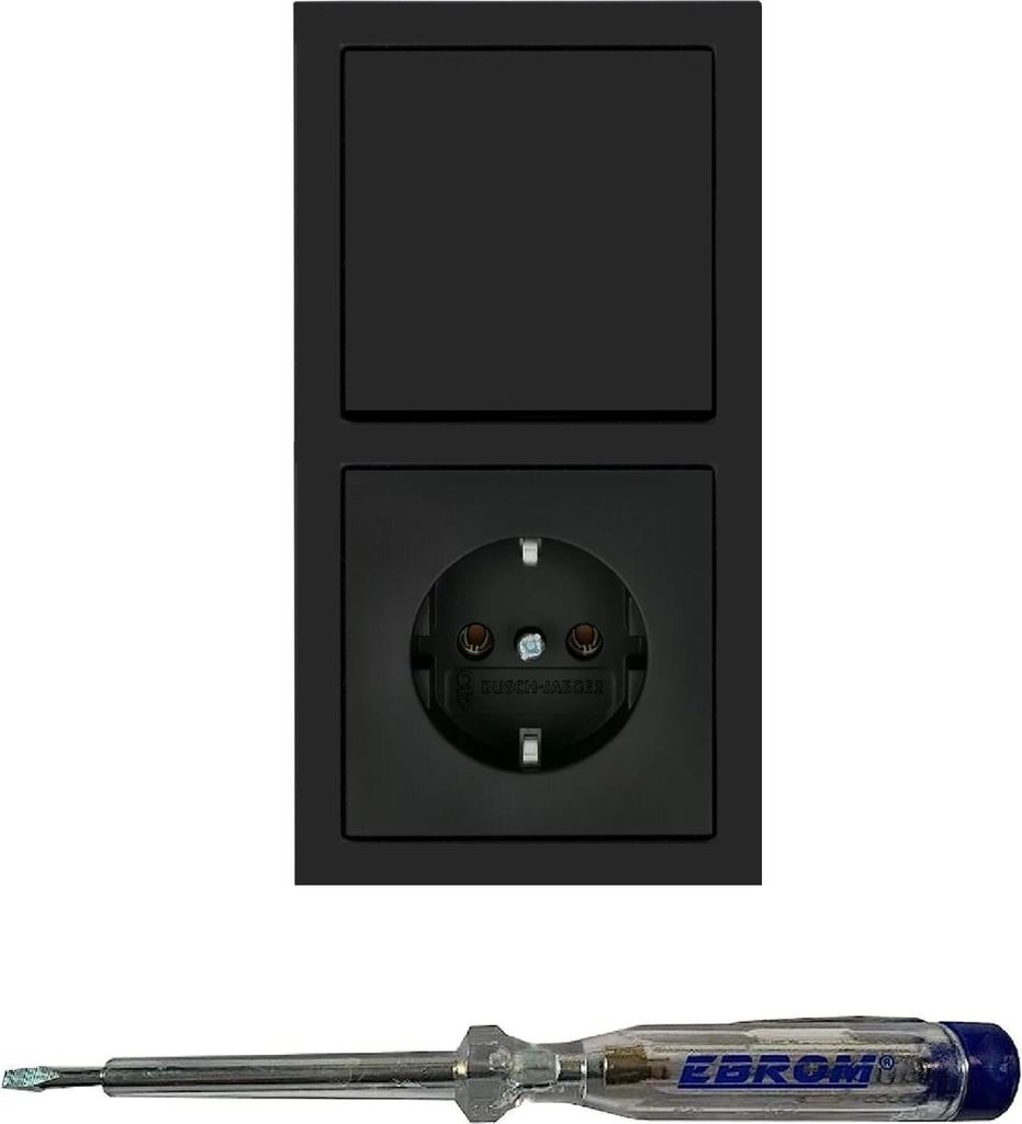 Busch Jäger Lichtschalter Wechselschalter AN/AUS 2000/6 US und Steckdose 20EUC-885 im 2-fach Rahmen in SCHWARZ MATT inklusive EBROM Phasenprüfer ...