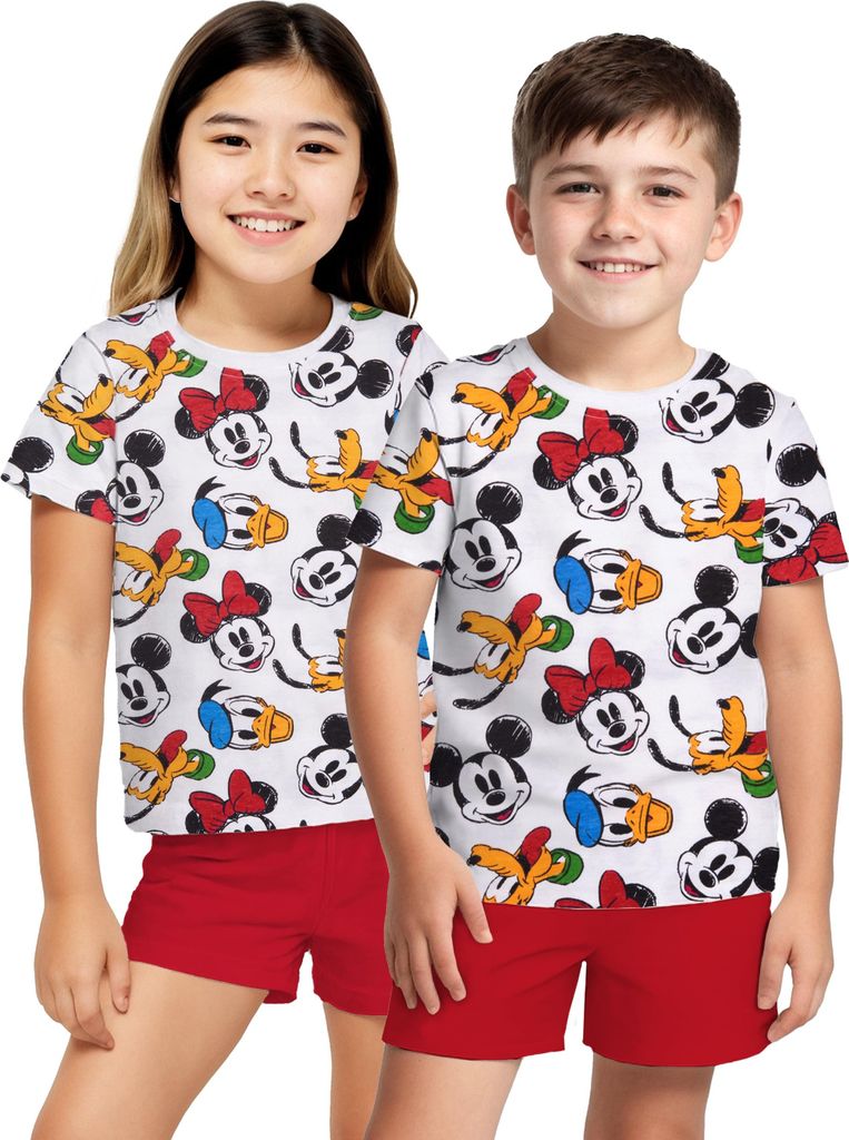 Disney Mickey Mouse Schlafanzug für Jungen und Mädchen - Kinder Pyjama Set Kurzarm Oberteil mit Hose Weiß/Rot 122-128