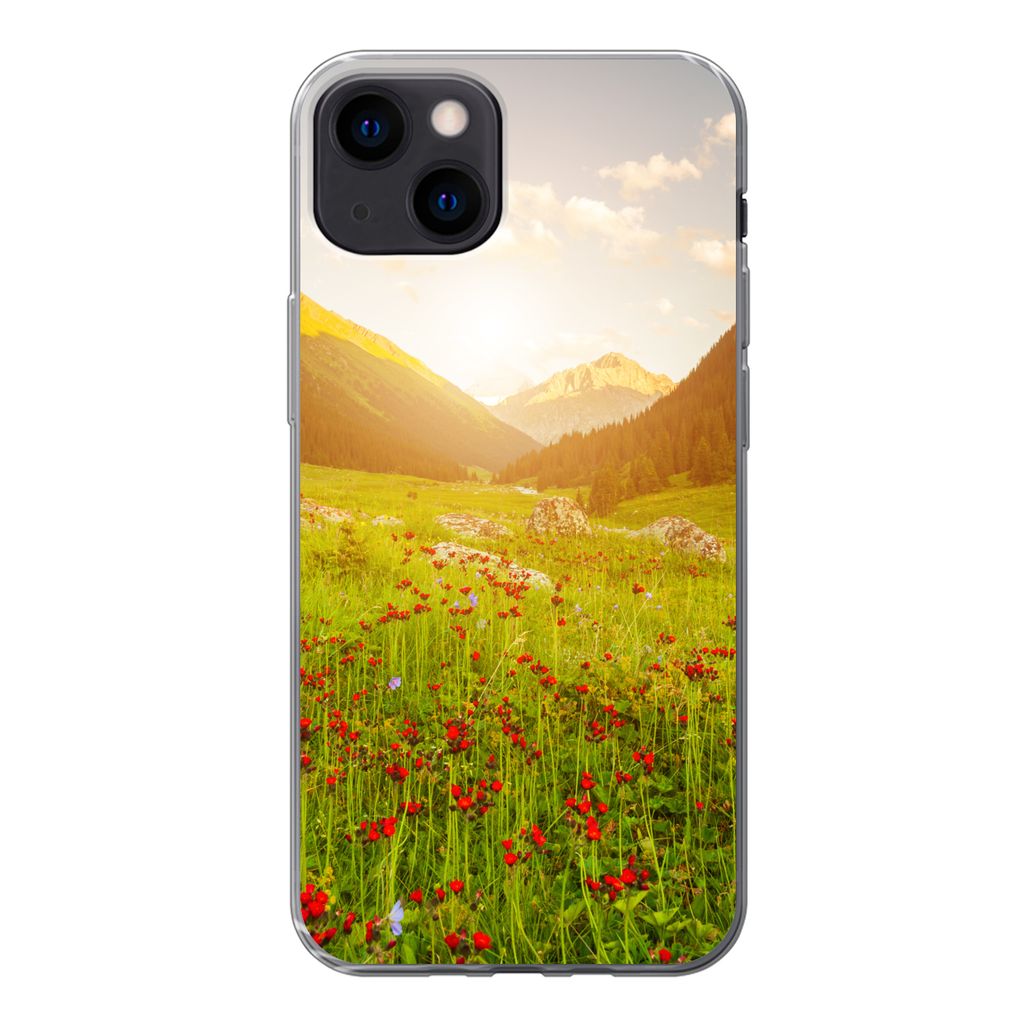 MuchoWow Handyhülle Schutzhülle Hülle für iPhone 13 Blumen - Berg - Sonne Silikon Softcase Handy Hülle - Karteninhaber