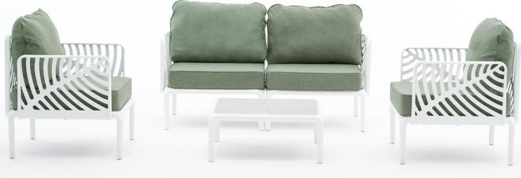 Gartenset mit 2-Sitzer-Sofa, 2 Sesseln und Tisch mit gehärteter Glasplatte – Gestell aus Harz mit Fiberglas, 12-cm-Kissen und naturinspiriertem ...