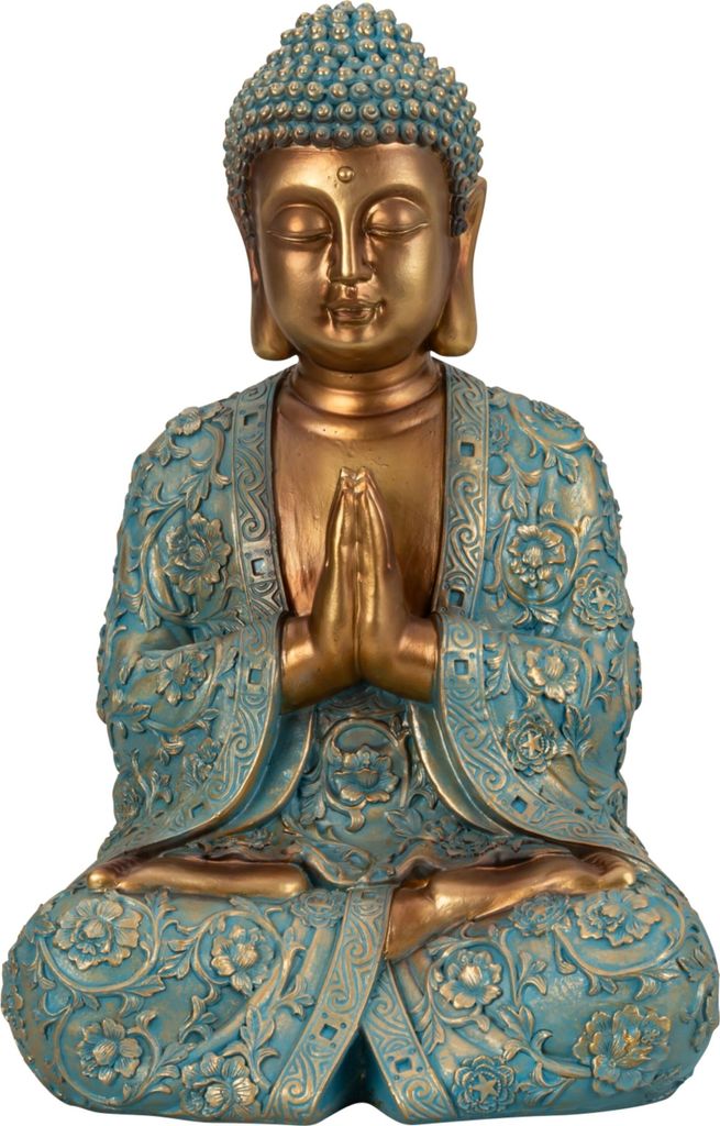 Große Buddha Figur in Türkis mit betenden Händen.
