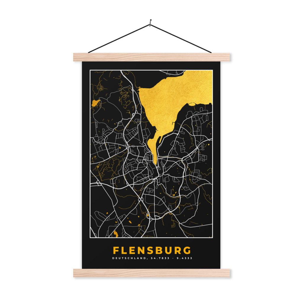 MuchoWow Textilposter Flensburg - Gold - Stadtplan - Karte - Deutschland 120x180 cm mit holzfarbenen Rahmen - Textil-Plakat