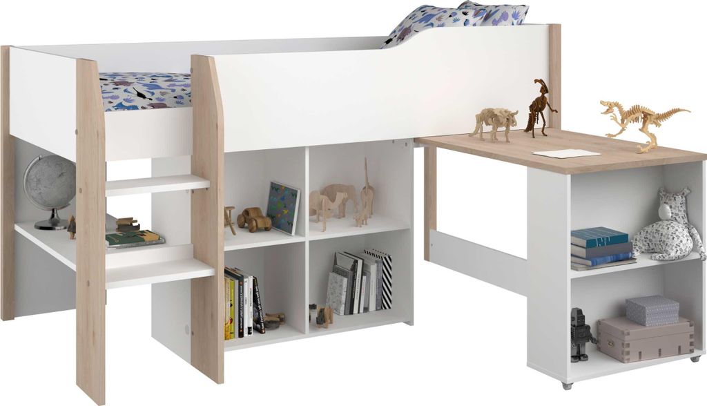 Lit surélevé avec bureau & rangement - 90 x 200 cm - Blanc Image du produit 