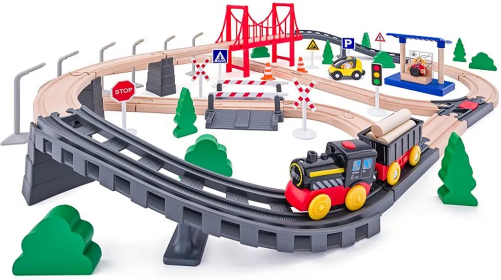 WOODY Voie ferrée 80 pièces avec locomotive électrique et grand pont