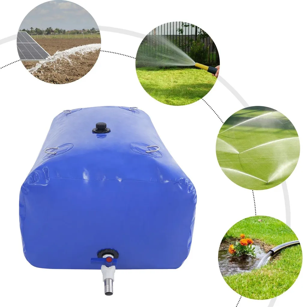 Serbatoio d'acqua pieghevole - Vescica d'acqua - 110 l di volume - Tessuto in PVC - Tubi in acciaio inox da 25 mm - -40-80°C - A libera installazione - Blu