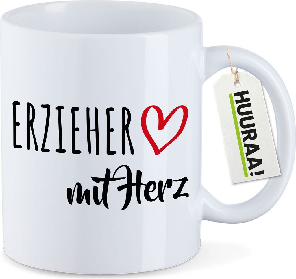 Huuraa Kaffeetasse Erzieher mit Herz 330ml Weiß Keramik Kaffeebecher Geschenkidee