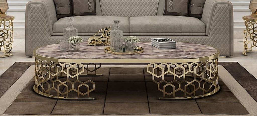 Casa Padrino Luxus Couchtisch mit Kunstmarmor Tischplatte Grau-Schwarz / Gold 140 cm