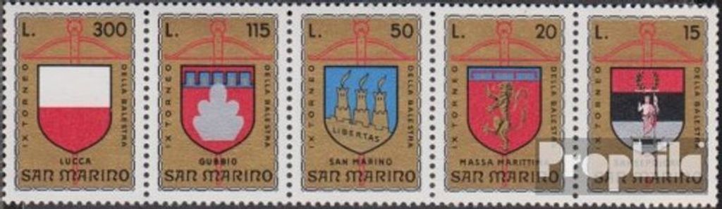 Briefmarken San Marino 1974 Mi 1070-1074 Fünferstreifen (kompl.Ausg.) postfrisch Armbrustturnier