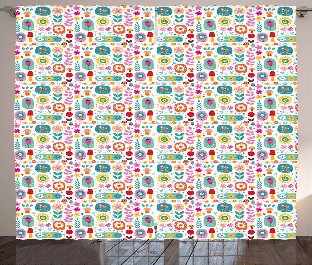ABAKUHAUS Tenda rustica per asilo nido, Natura allegra e colorata, Tenda con passanti e ganci per camera da letto, 280 x 245 cm, Multicolore