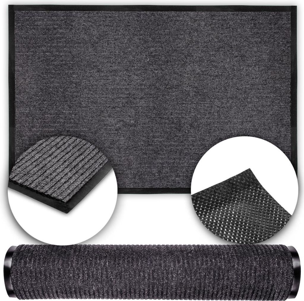 A collage showing a doormat from different angles, including a close-up of its texture and a rolled-up view.